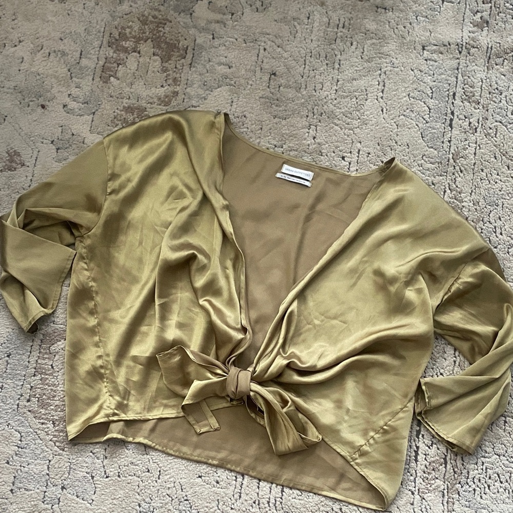 Urban Outfitters Satin Tie-Front Blouse in Olive